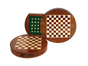 JS#14003--ROUND DRAUGHT BOX SHEESHAM/BOXWOOD WITH TRAY