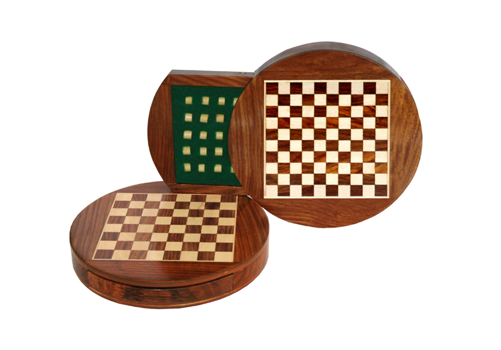 JS#14003--ROUND DRAUGHT BOX SHEESHAM/BOXWOOD WITH TRAY