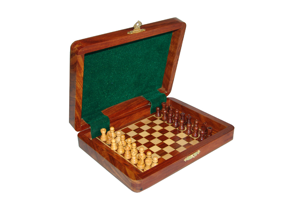 JS#14004--RECTANGULAR MAGNETIC TEAK CHESS BOX BOARD INSIDE