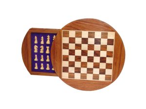 JS#14001--ROUND CHESS BOX SHEESHAM/BOXWOOD WITH TRAY